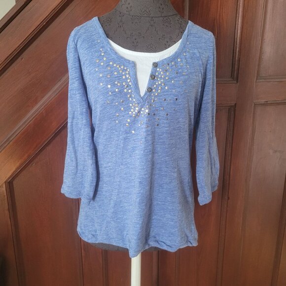 Blue Knit Top With Sequins & Faux Layered Look 3/4 Sleeves Button Accent Womens - Picture 1 of 3